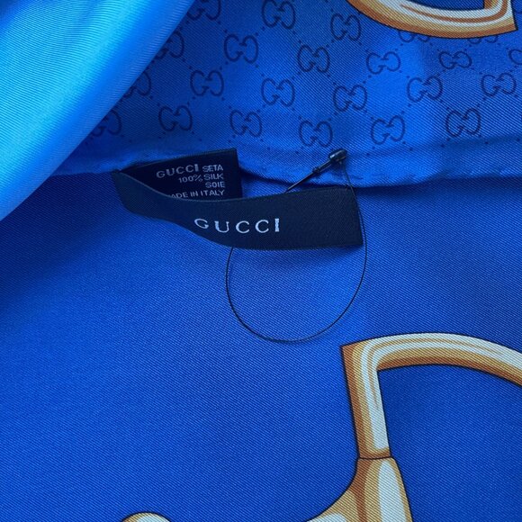 Display # 1 Gucci Scarf Logo Horsebit Chains Double Blue Large Silk Wrap - Picture 10 of 16